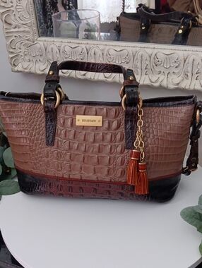 Brahmin Brown and Black Croc-Embossed Leather Satchel with Tassel